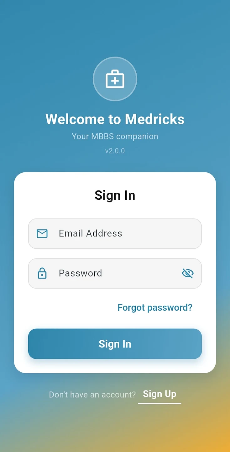 Medricks welcome and sign in screen